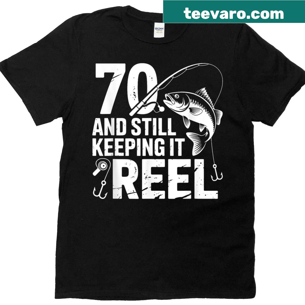 Fishing-themed Father's Day T-shirt for 70th birthday — on a men's t-shirt