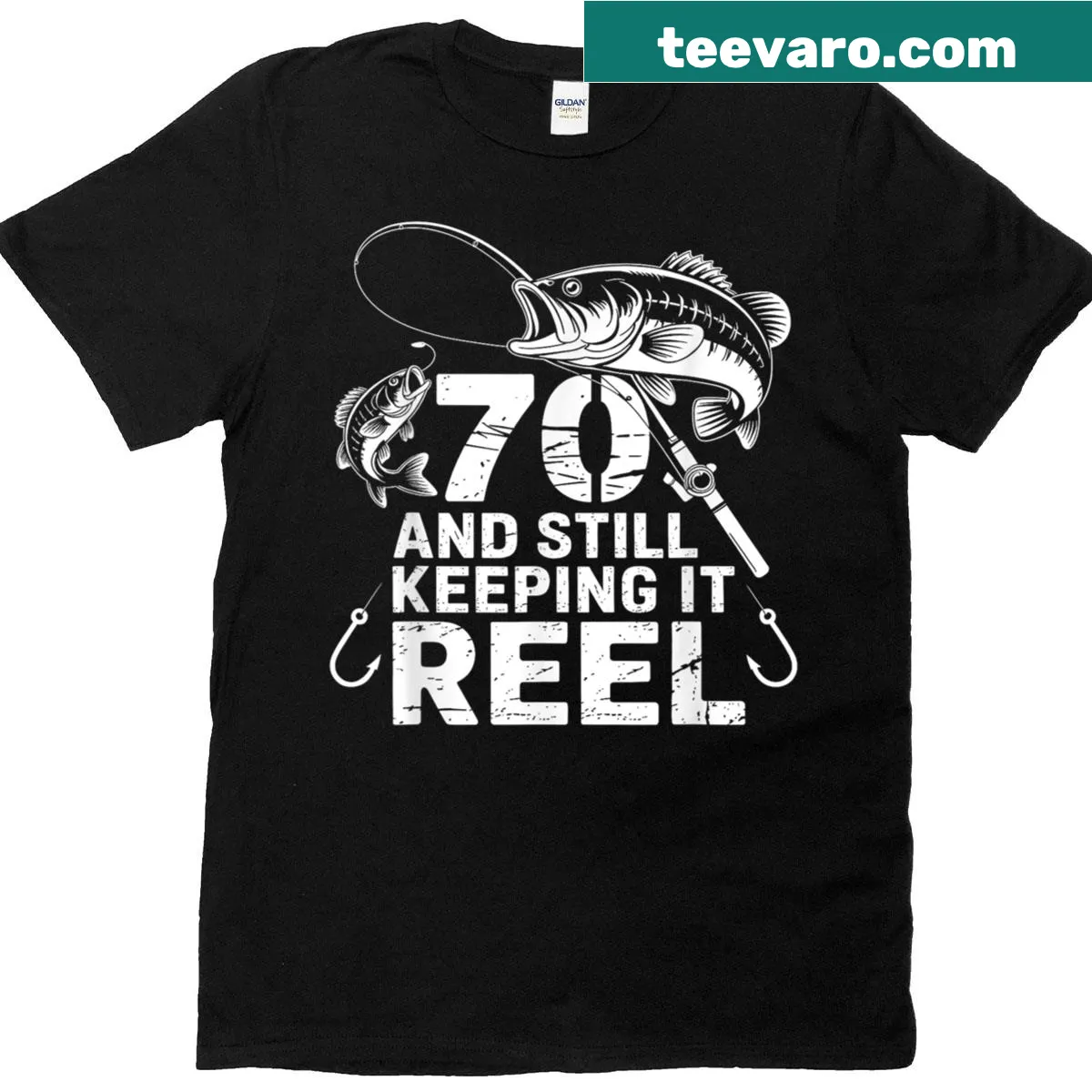 Funny 70th Birthday Fishing T-shirt with 'Still Keeping It Reel' text — on a men's t-shirt