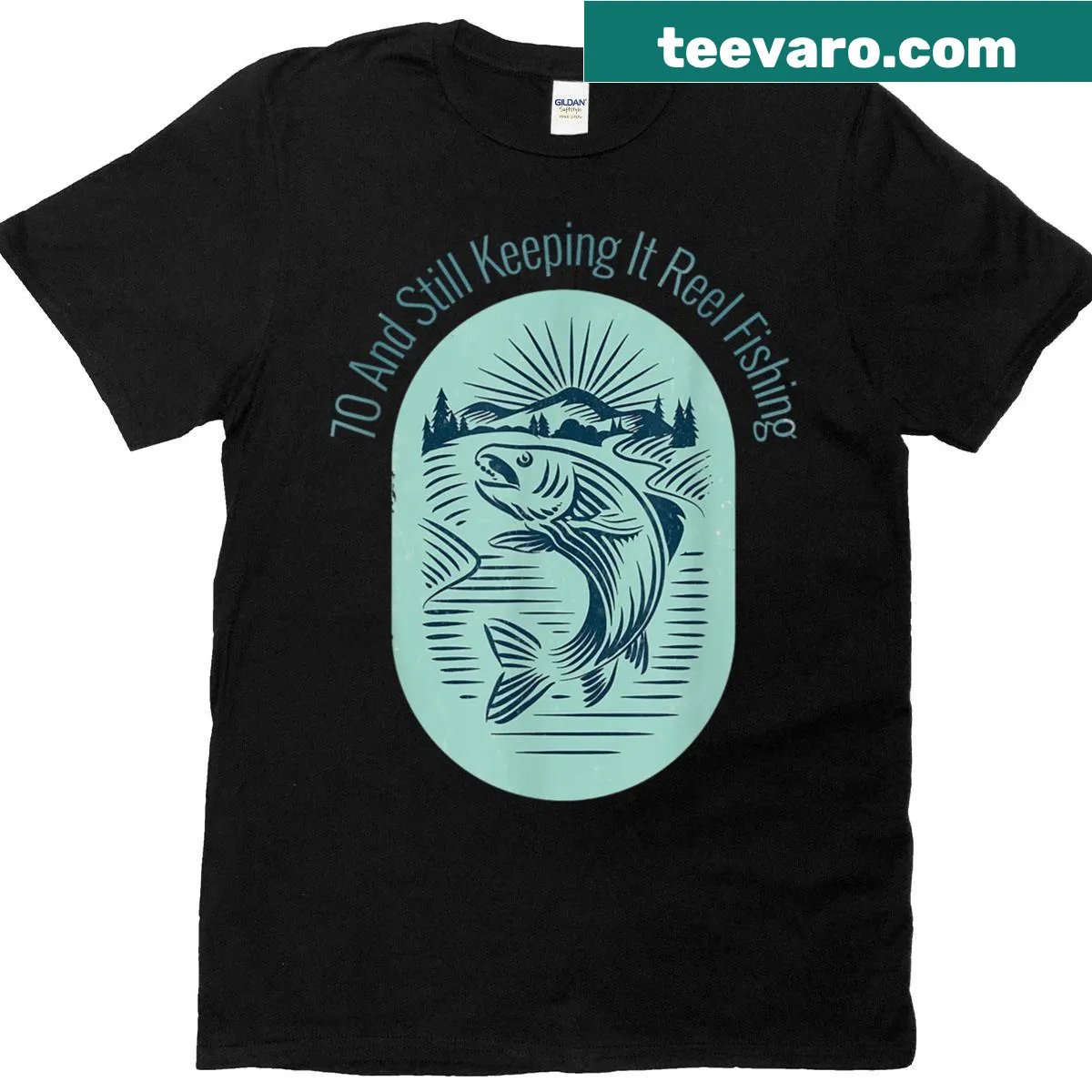 Fishing T-shirt with humorous 'Still Keeping It Reel' text — on a men's t-shirt