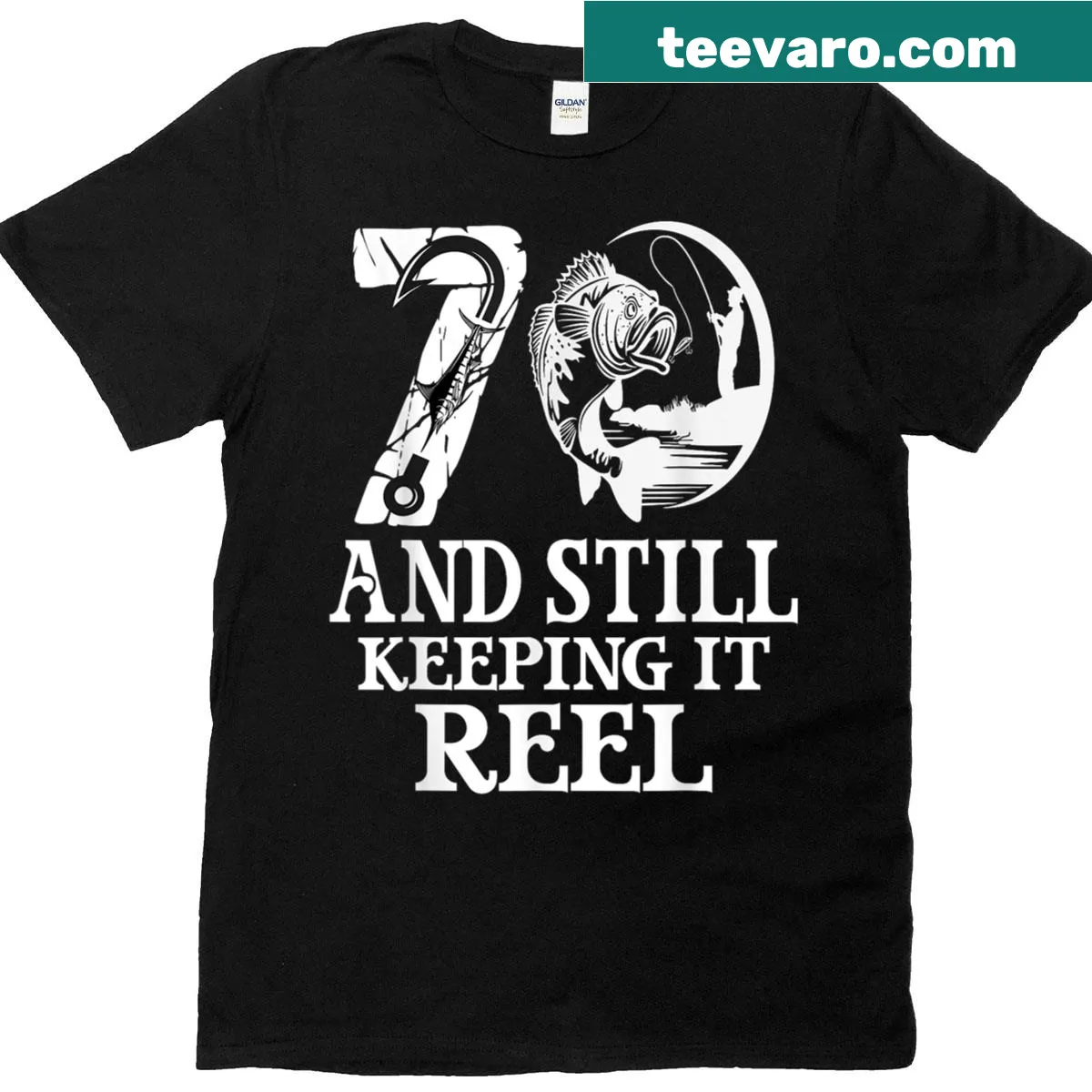 Funny fishing gift T-shirt with 'Still Keeping It Reel' text — on a men's t-shirt
