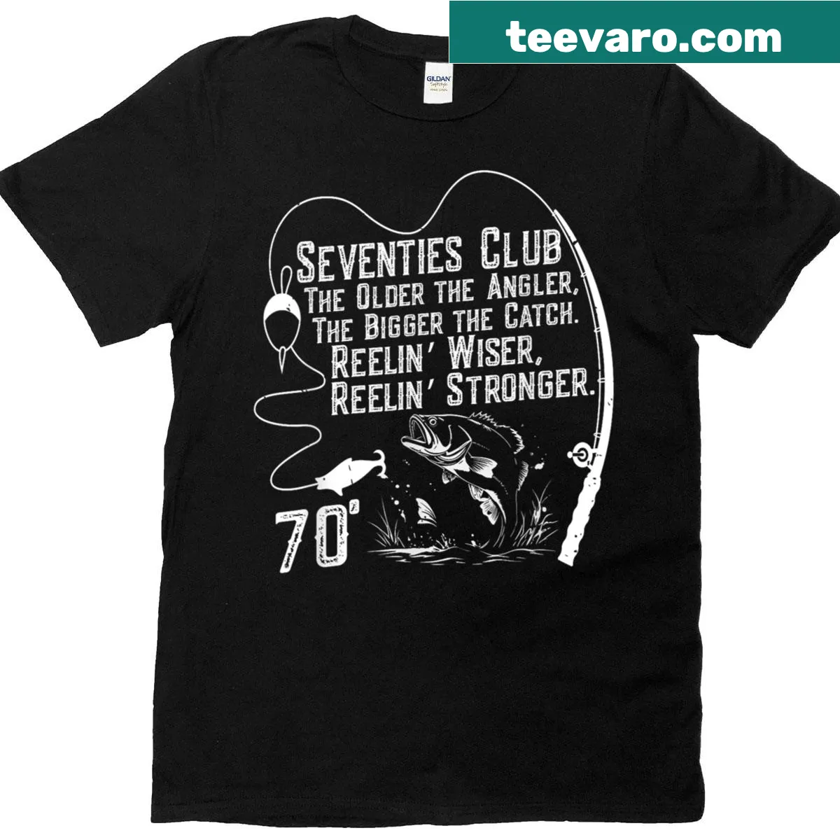 Retro fishing T-shirt for 70 years with 'Still Keeping It Reel' text — on a men's t-shirt