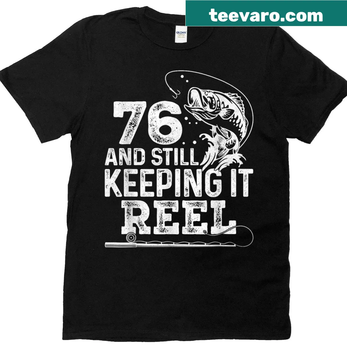 Illustrated T-shirt for a 76th birthday, featuring fishing themes. — on a men's t-shirt