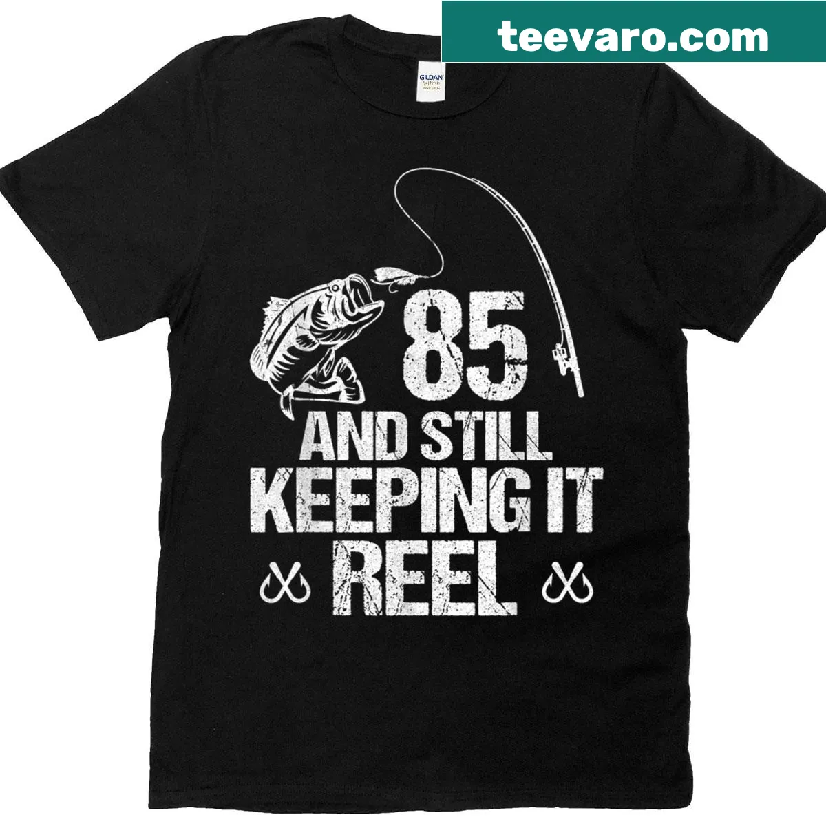 Fishing T-shirt for 85th birthday with 'Still Keeping It Reel' text — on a men's t-shirt