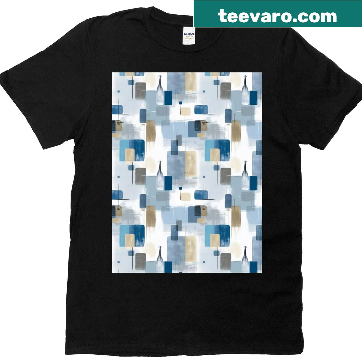 Abstract coastal still life graphic featuring blue and sand tones — on a men's t-shirt