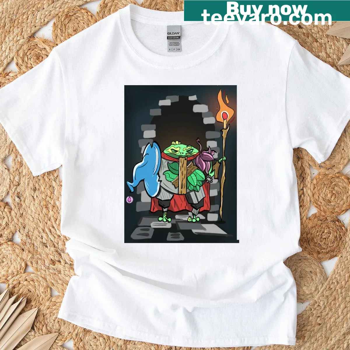 Playful illustration of a frog on an adventure on a t-shirt — on a men's t-shirt