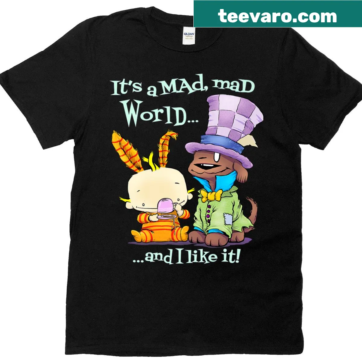 Kawaii anime T-shirt featuring a chocolate lab and Alice In Wonderland theme — on a men's t-shirt