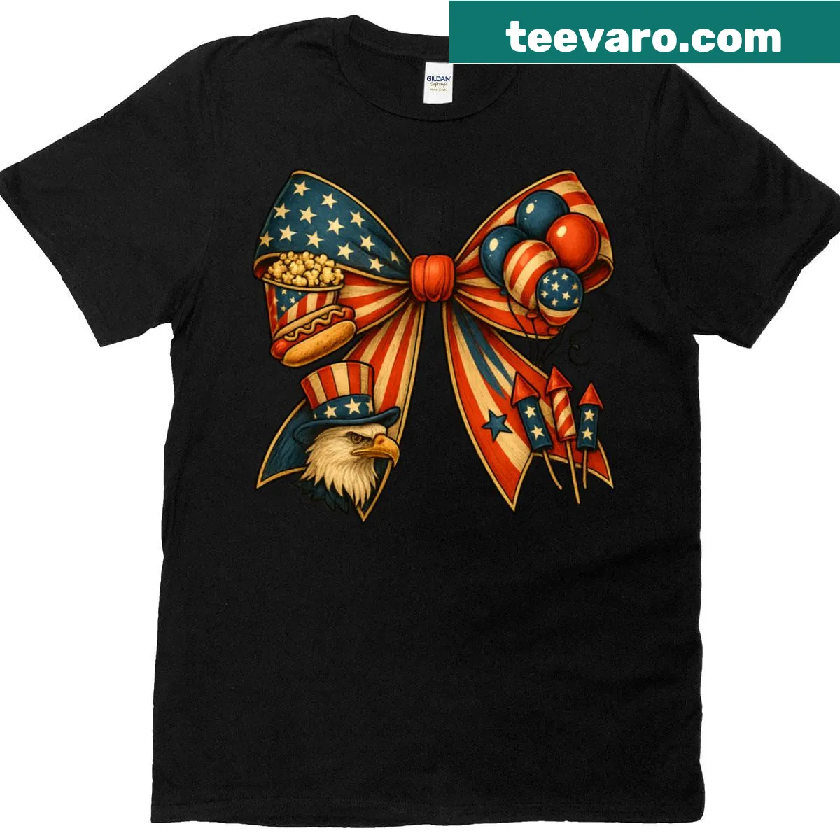 Vintage-style T-shirt with a coquette bow for patriotic celebrations. — on a men's t-shirt
