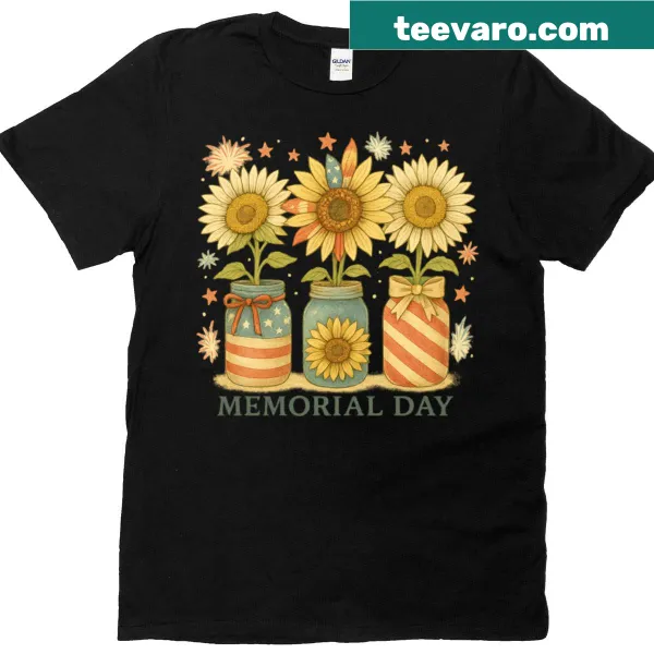 T-shirt with USA flag jars and sunflowers for patriotic celebrations.