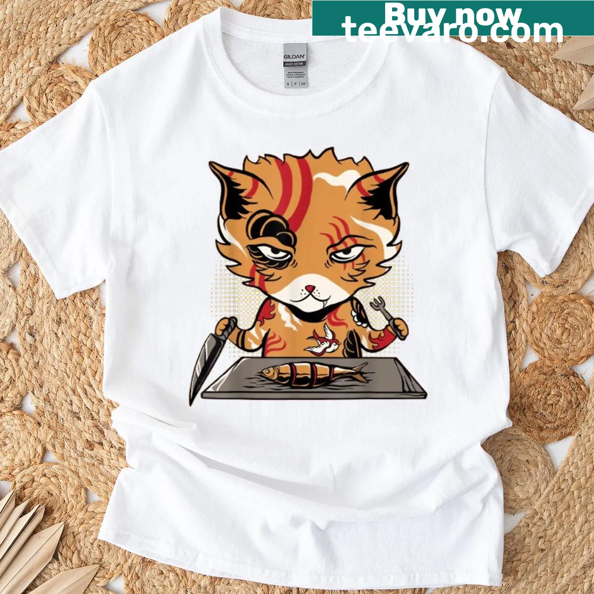 Cartoon gangster cat eating fish graphic on a t-shirt — on a men's t-shirt