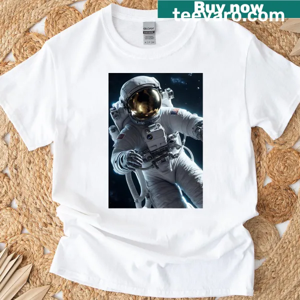 Astronaut illustration floating in deep space on a long t-shirt