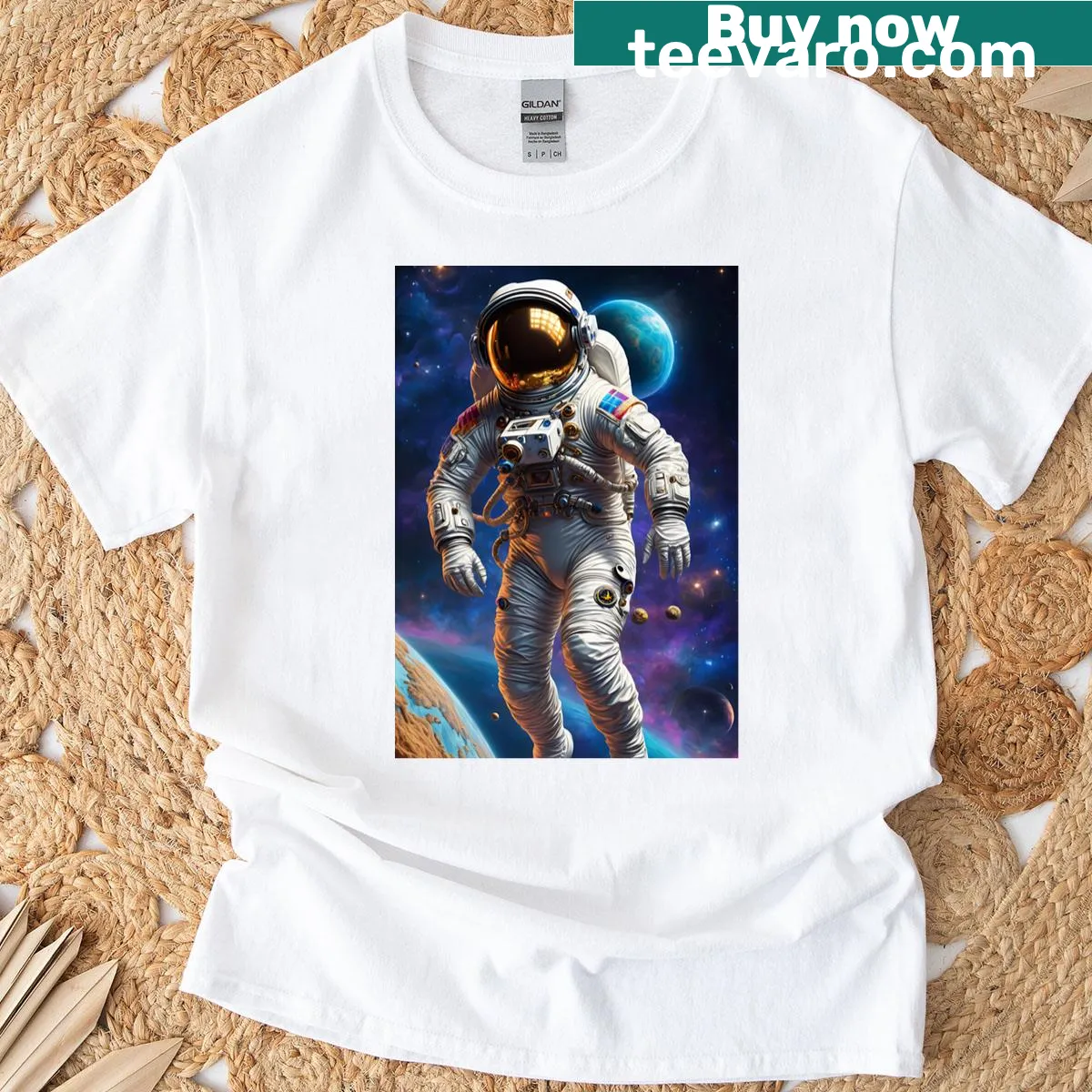 Illustration of astronaut floating in deep space among stars — on a men's t-shirt