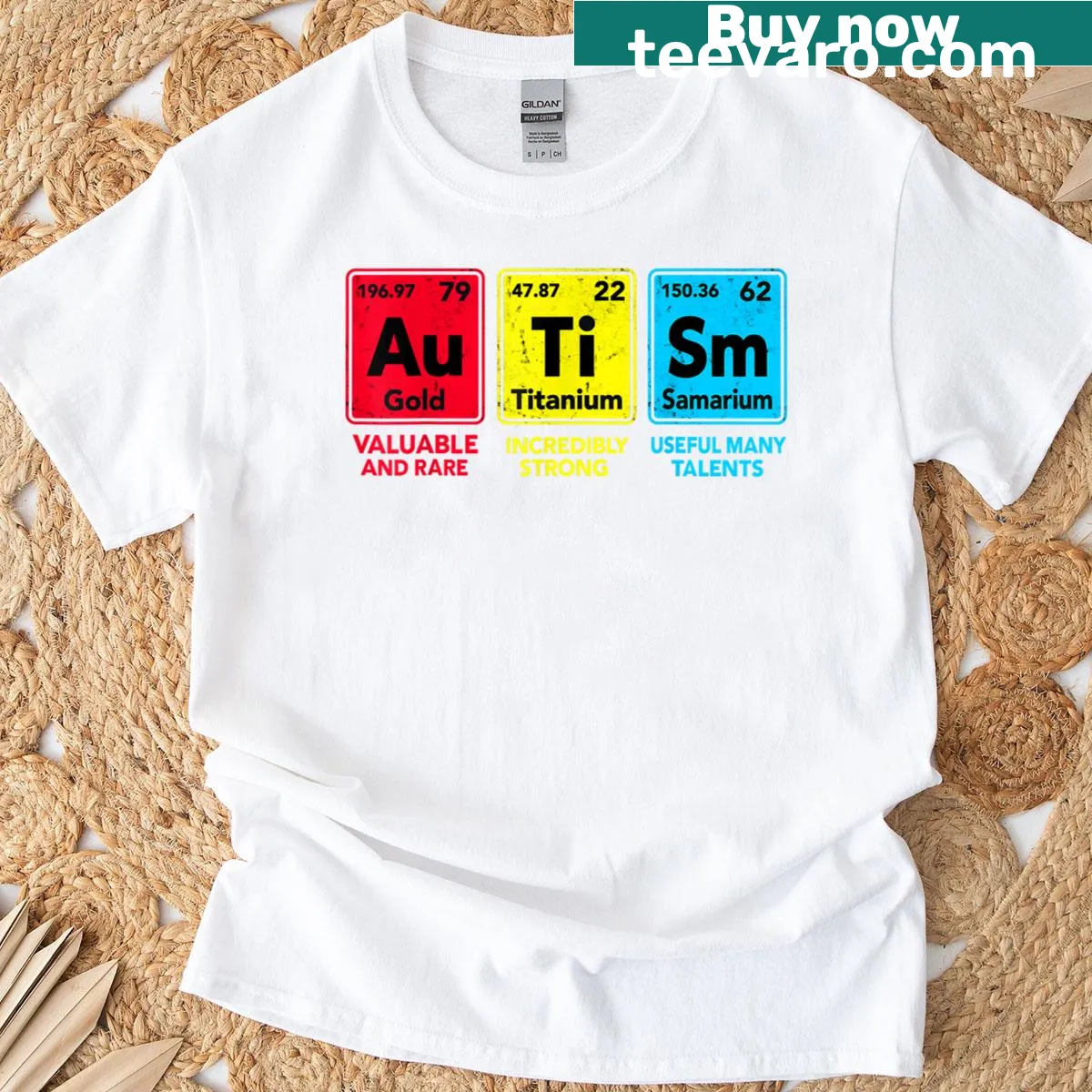 T-shirt featuring a periodic table design for autism awareness — on a men's t-shirt