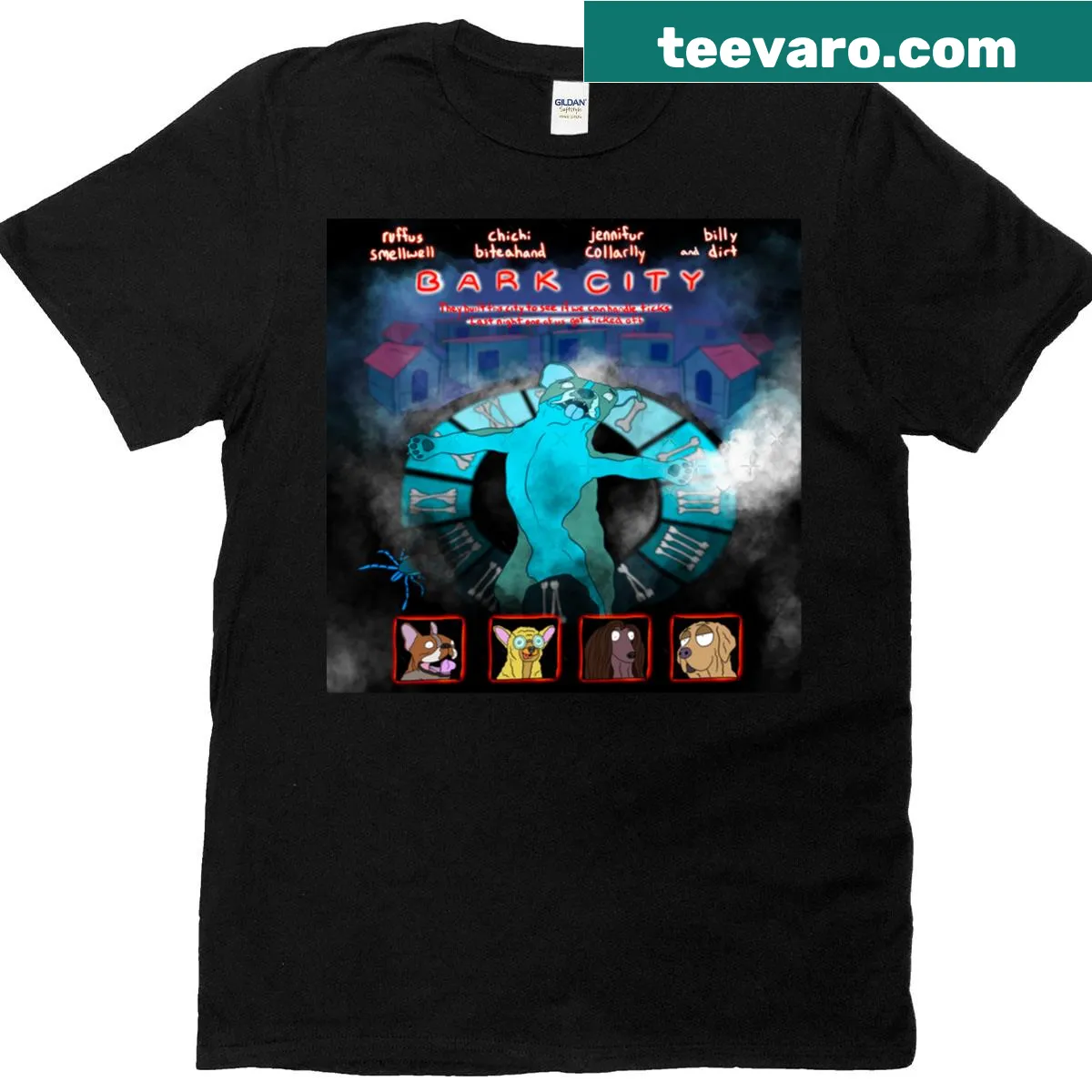 Playful cartoon design of a dog in a cityscape on a t-shirt — on a men's t-shirt