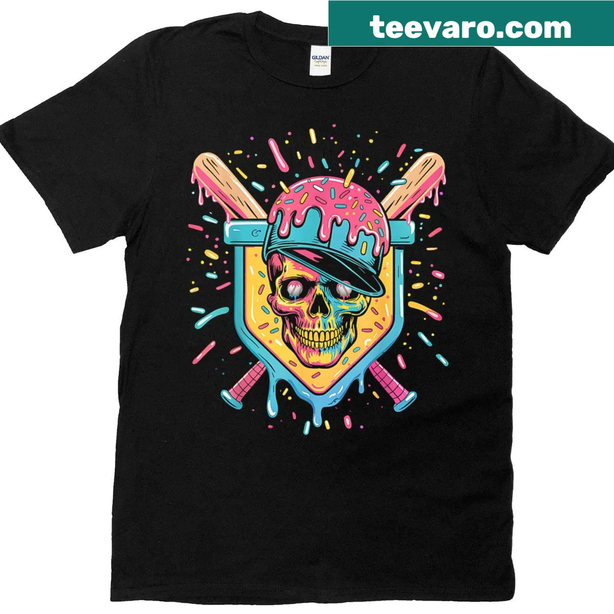 Cartoon T-shirt featuring an ice cream skull on a home plate for baseball fans — on a men's t-shirt
