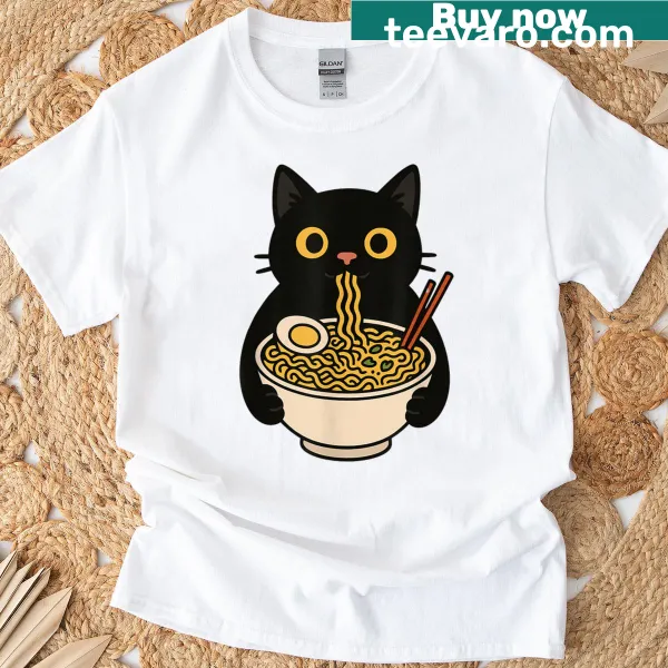 T-shirt featuring a cute black cat eating ramen noodles
