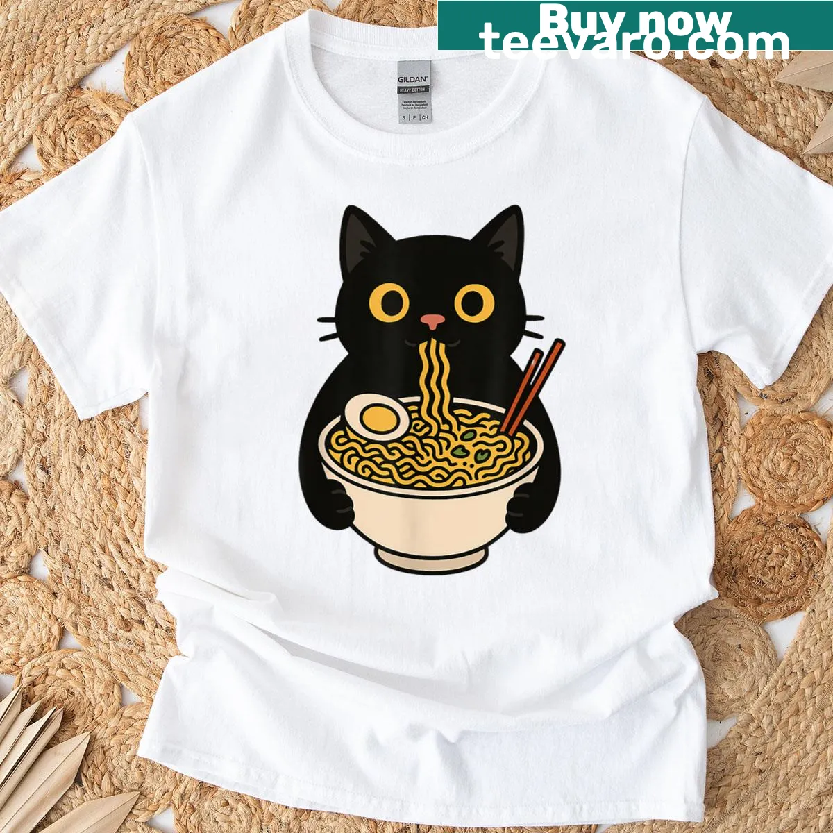 T-shirt featuring a cute black cat eating ramen noodles — on a men's t-shirt