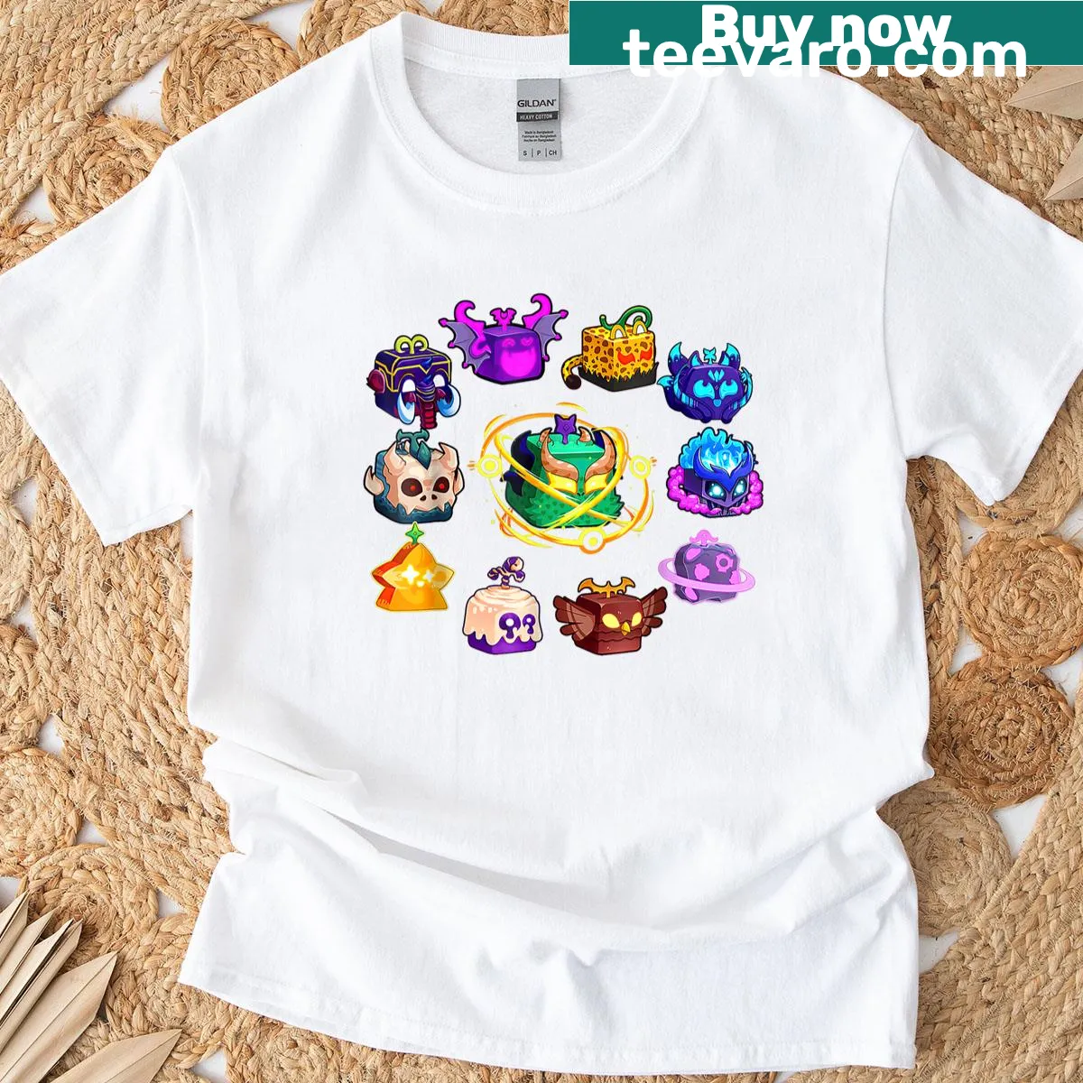 Playful Blox Fruit gaming design on a casual t-shirt — on a men's t-shirt