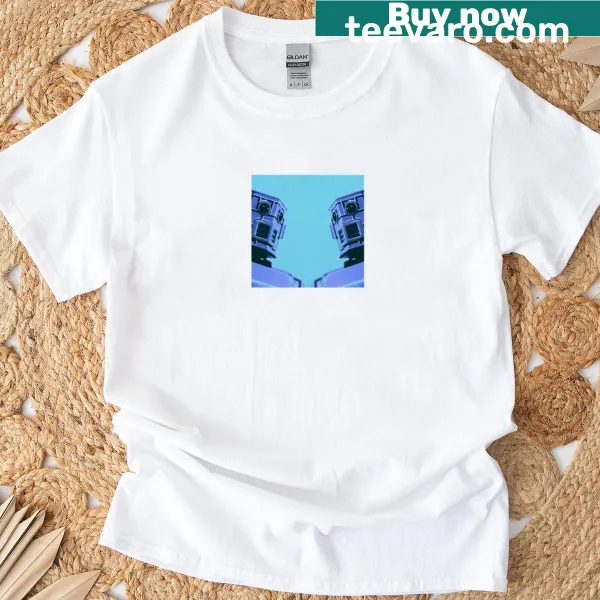 Cartoon blue robot graphic on a T-shirt