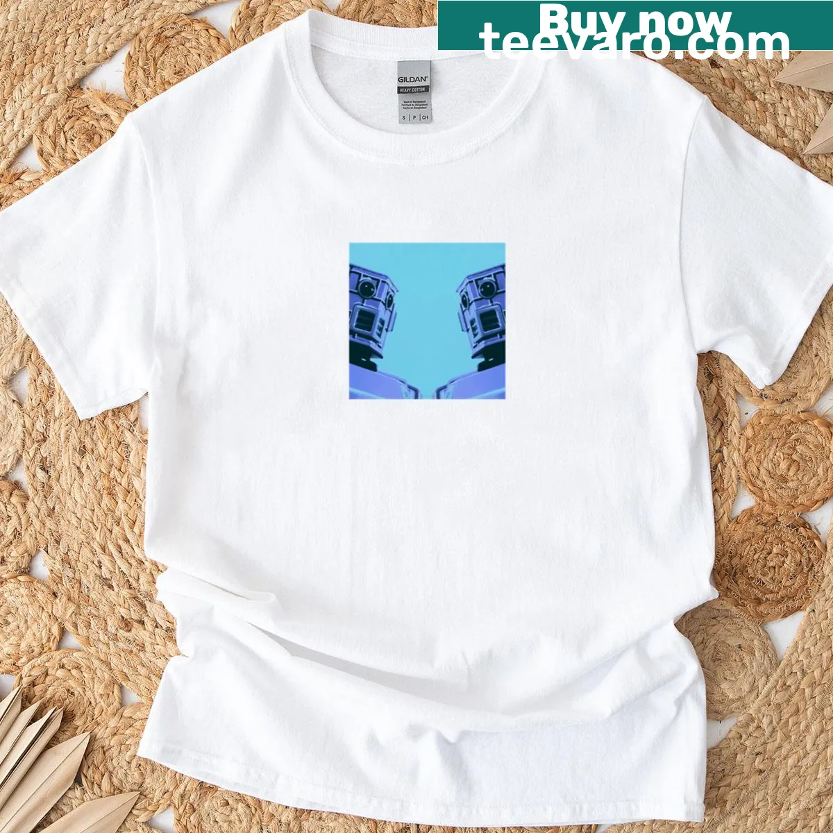 Cartoon blue robot graphic on a T-shirt — on a men's t-shirt