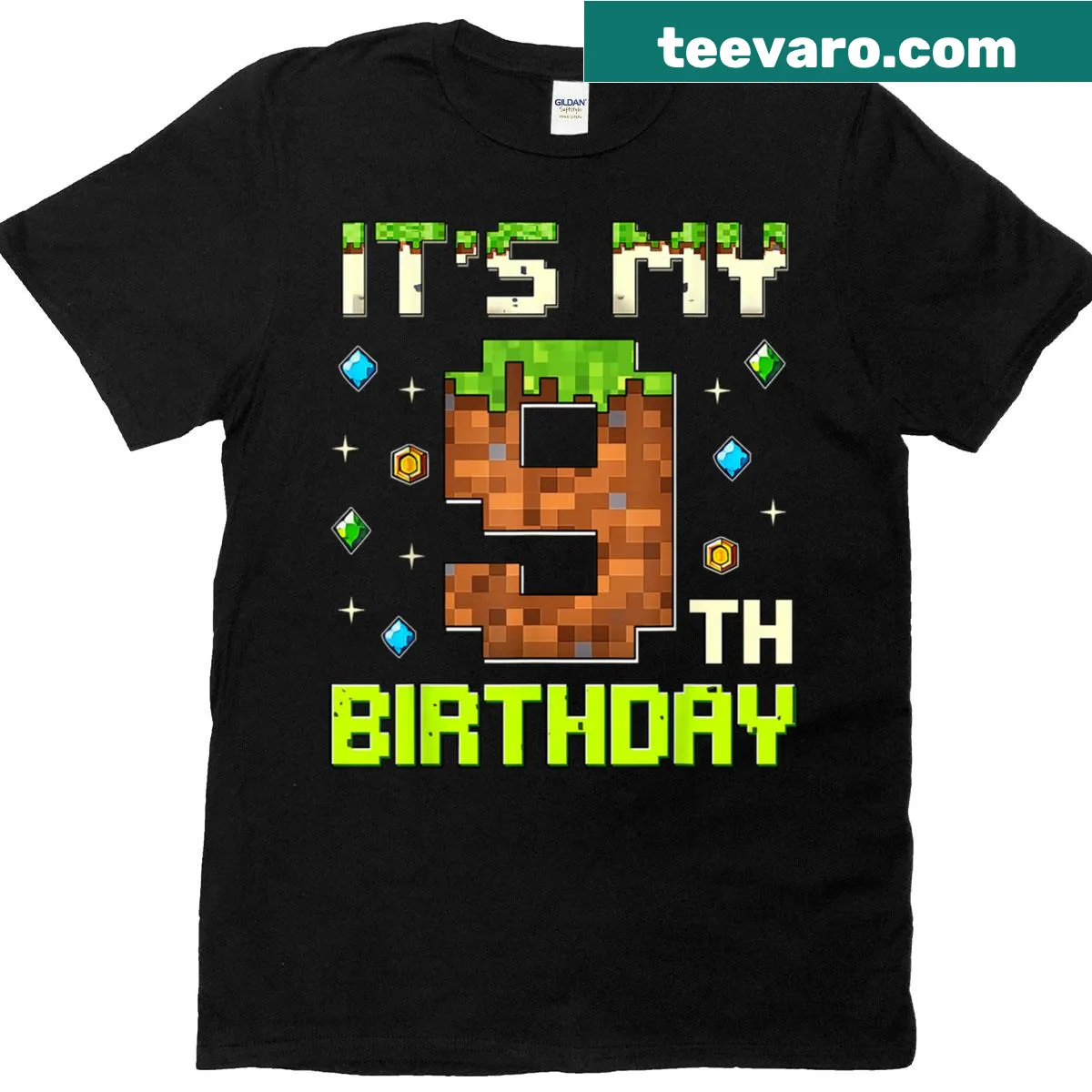 Pixel art birthday t-shirt for boys turning 9 — on a men's t-shirt