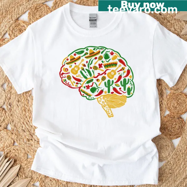 Cartoon brain with sombrero, maracas, and guitar graphic on a T-shirt