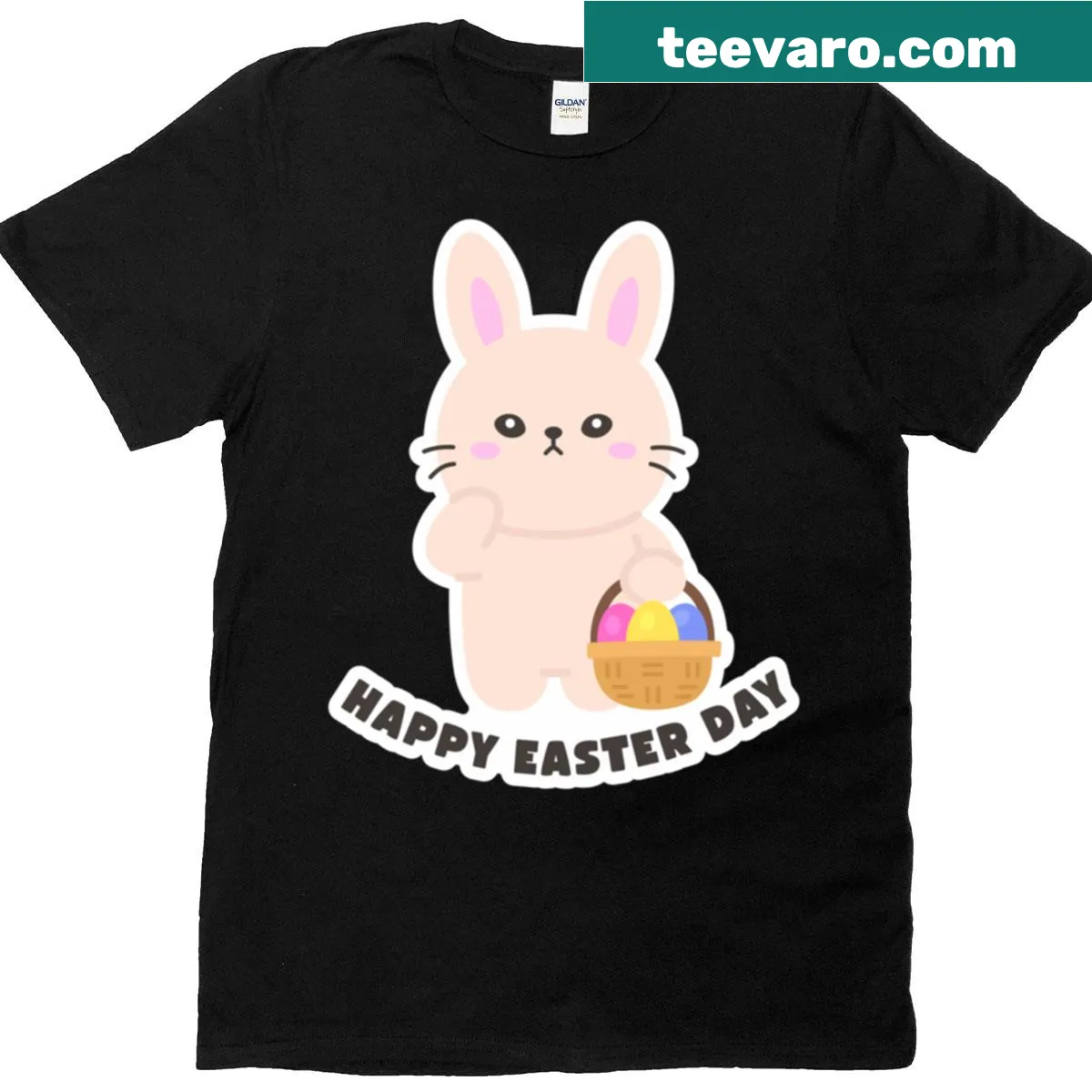 Cute T-shirt featuring a bunny with a basket of Easter eggs — on a men's t-shirt
