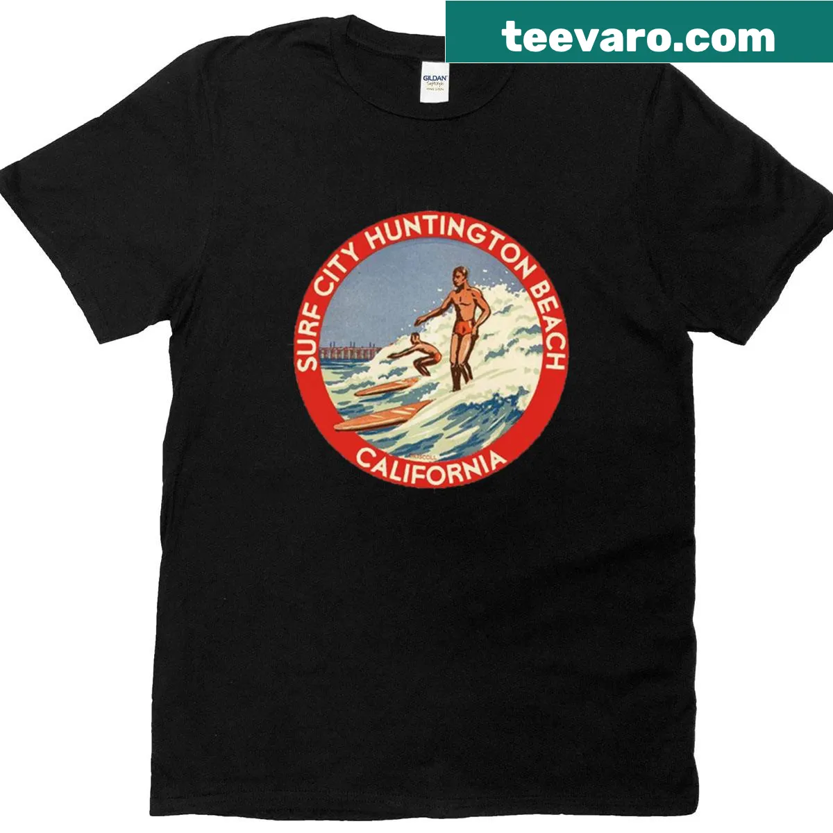 Vintage sticker style California surf beach t-shirt — on a men's t-shirt