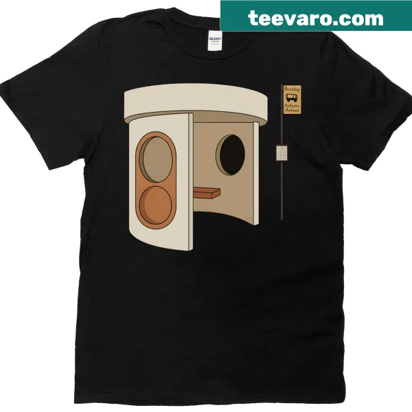 Illustrated Canberra bus station design on a t-shirt.