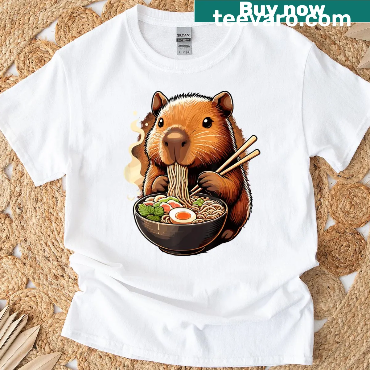 Cute capybara eating ramen noodles graphic on a T-shirt — on a men's t-shirt