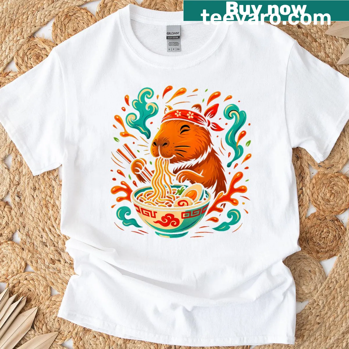 Cartoon capybara enjoying ramen on a cute anime-style t-shirt — on a men's t-shirt