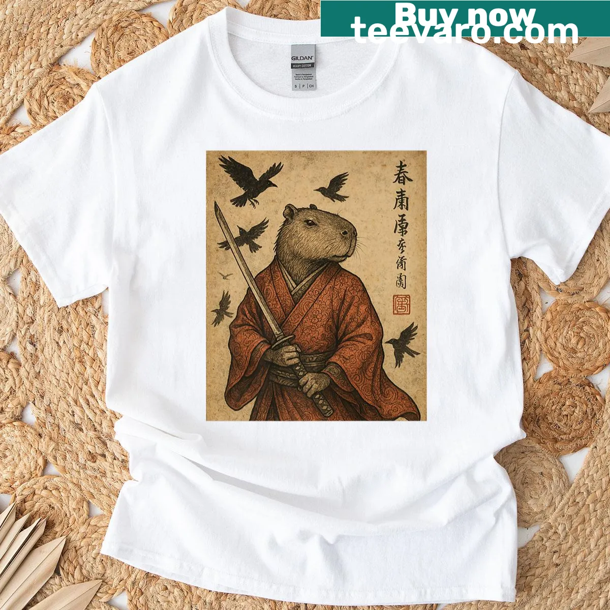 Capybara samurai anime graphic T-shirt with cartoon warrior design — on a men's t-shirt