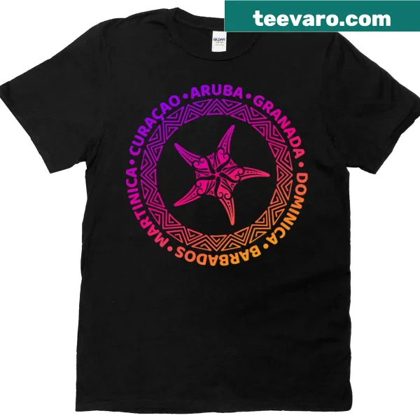 Caribbean-themed T-shirt featuring a beach scene illustration