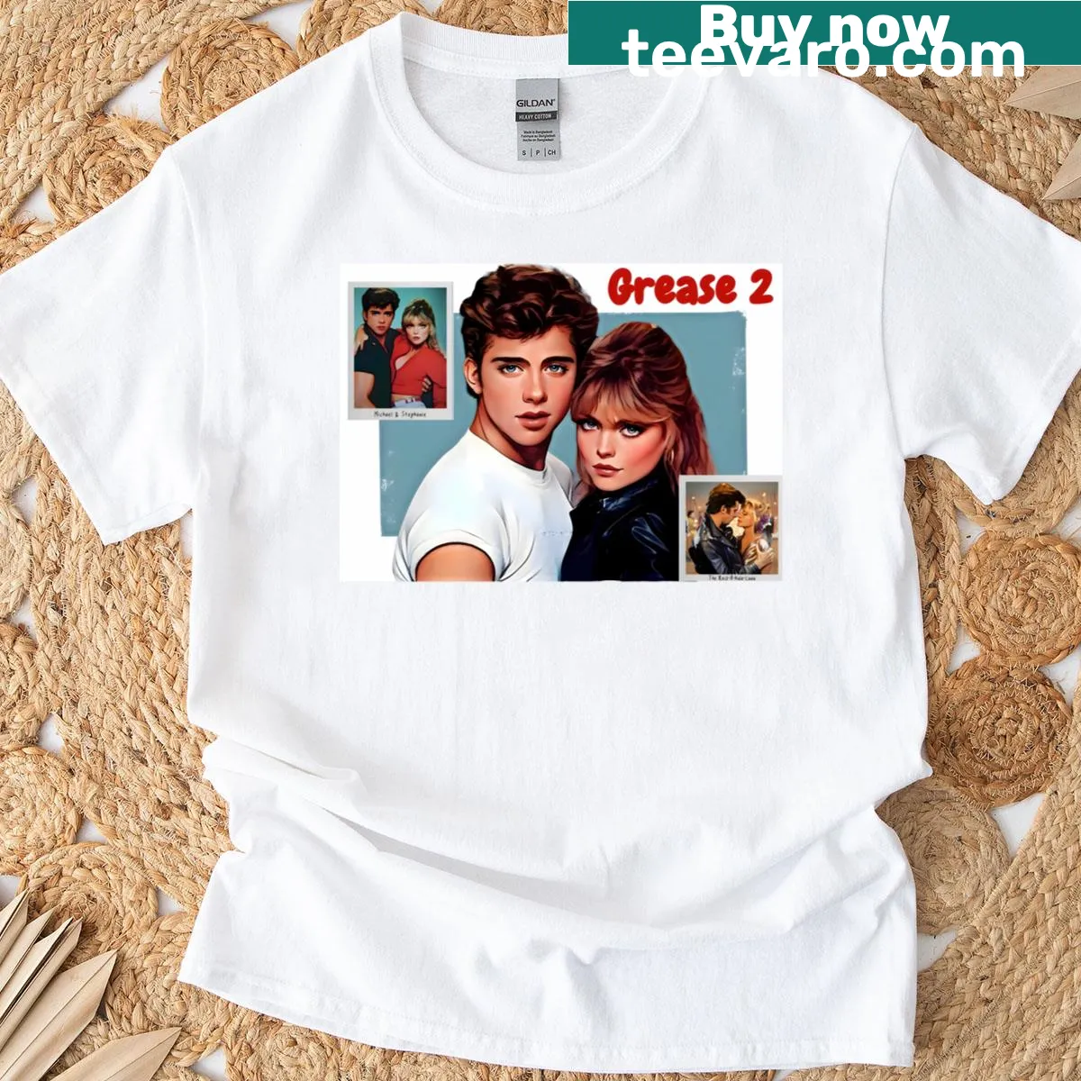 Cartoon-inspired Grease 2 t-shirt featuring playful illustrations of movie characters — on a men's t-shirt