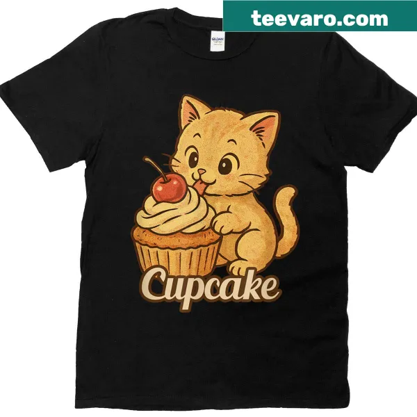 Cute cat enjoying a cherry cream cupcake in vintage style