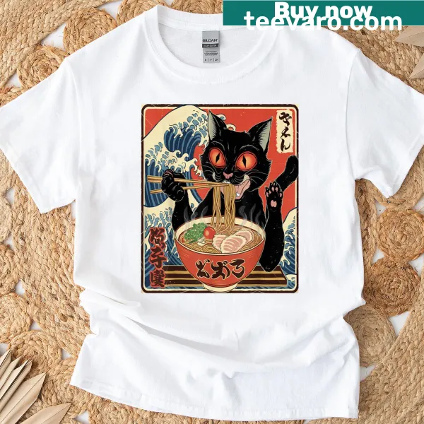 Kawaii cat graphic enjoying ramen in a cute illustration