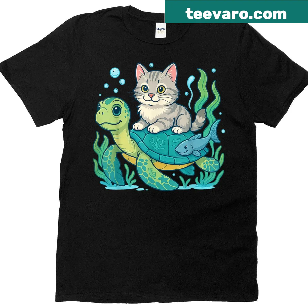 Whimsical cat riding a sea turtle graphic t-shirt — on a men's t-shirt