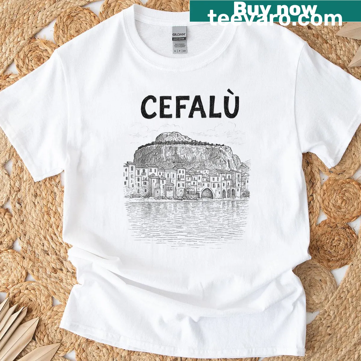 Vintage-style T-shirt featuring Cefalu Sicily art and travel motifs — on a men's t-shirt