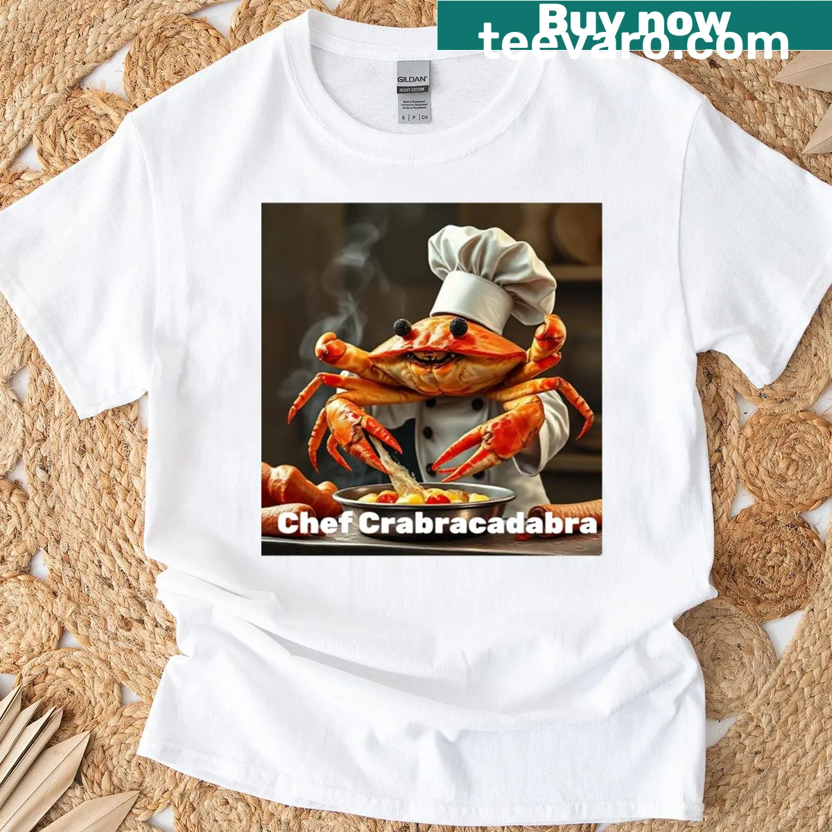 Humorous T-shirt featuring Chef Crabracadabra meme design — on a men's t-shirt