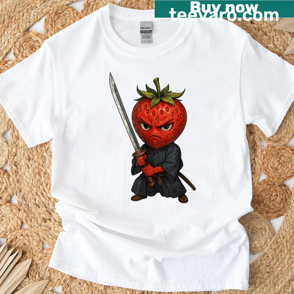 Chibi strawberry samurai character with a katana in a playful T-shirt — on a men's t-shirt