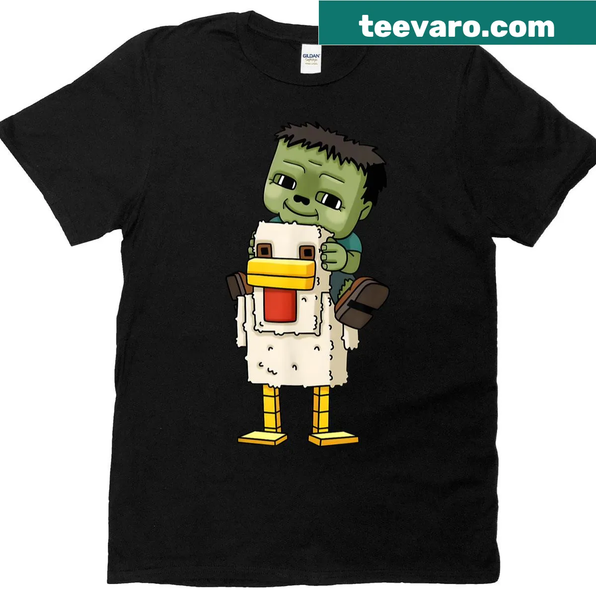 Zombie chicken jockey pixel art graphic on a gamer t-shirt — on a men's t-shirt