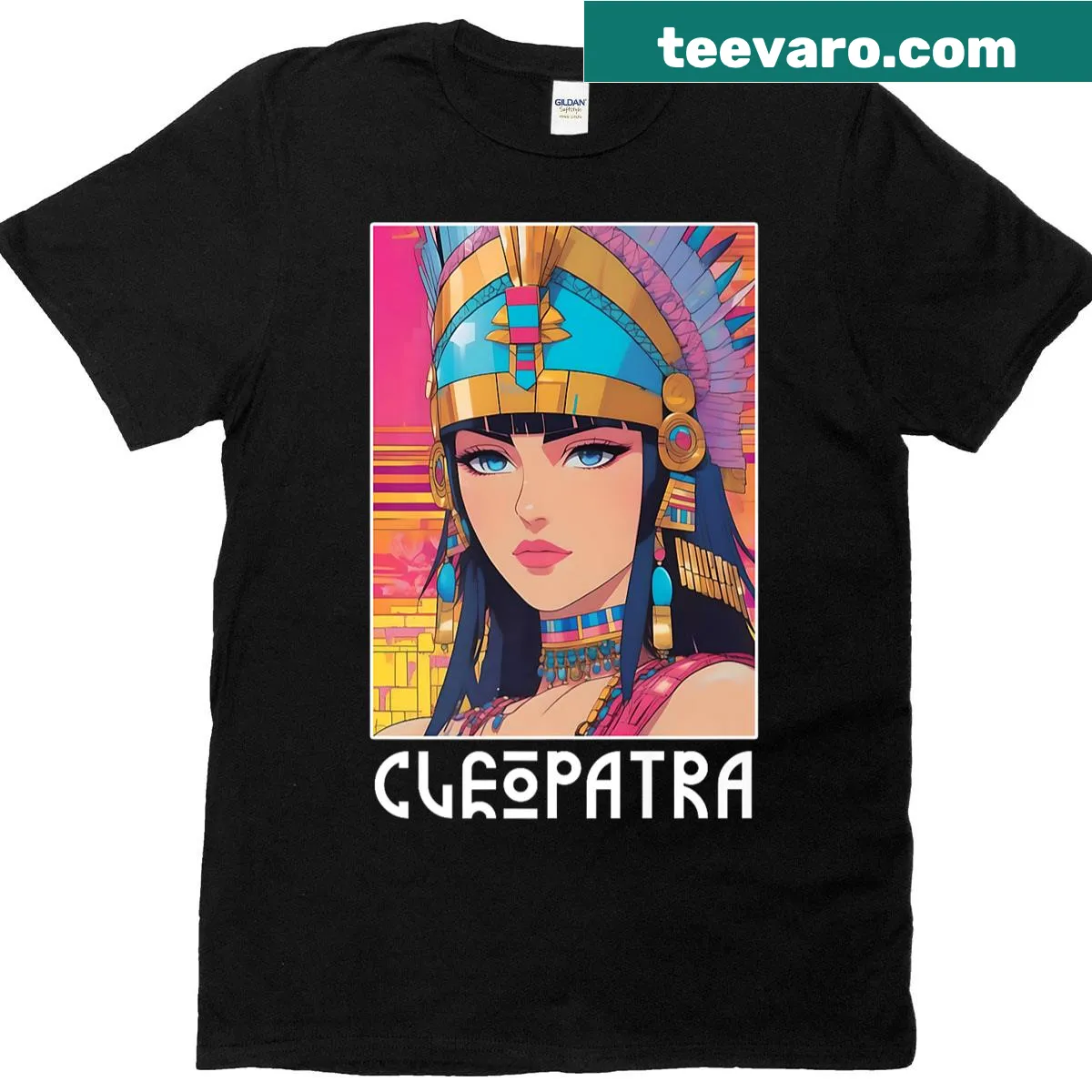 Cartoon-style t-shirt featuring Cleopatra in anime art — on a men's t-shirt