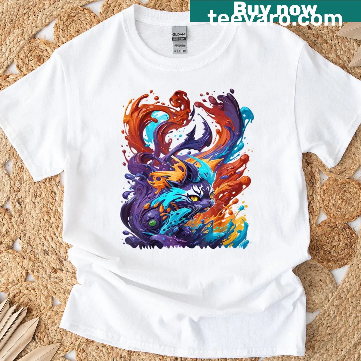 Playful cat design T-shirt for gaming and anime fans. — on a men's t-shirt