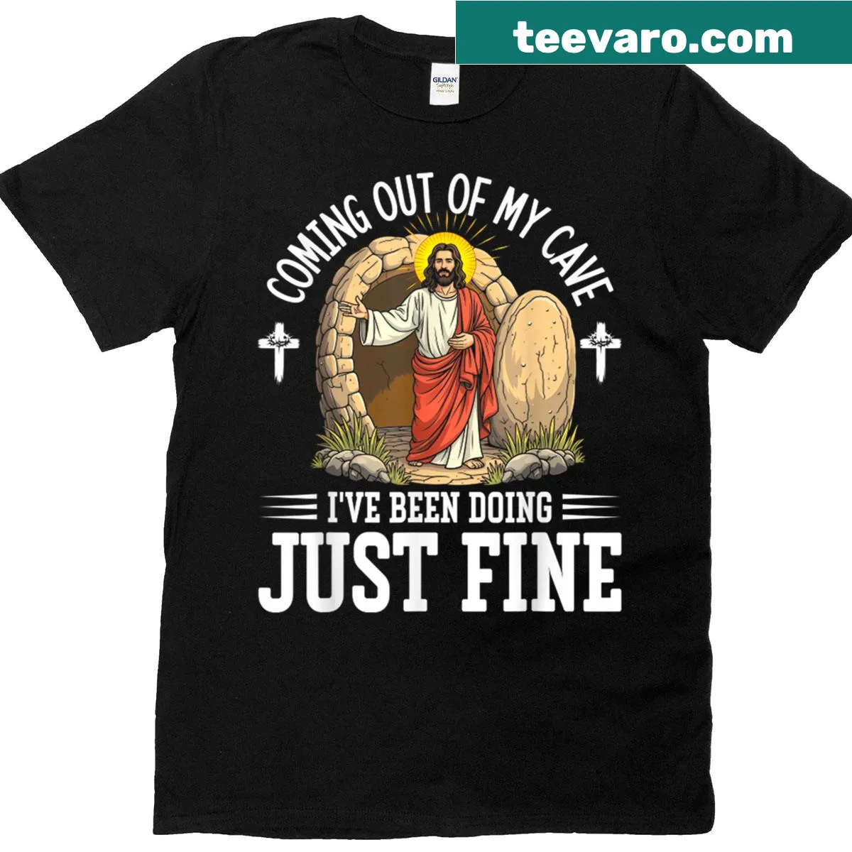 Text design 'Coming Out Of My Cave And I've Been Doing Just Fine' on a T-shirt — on a men's t-shirt