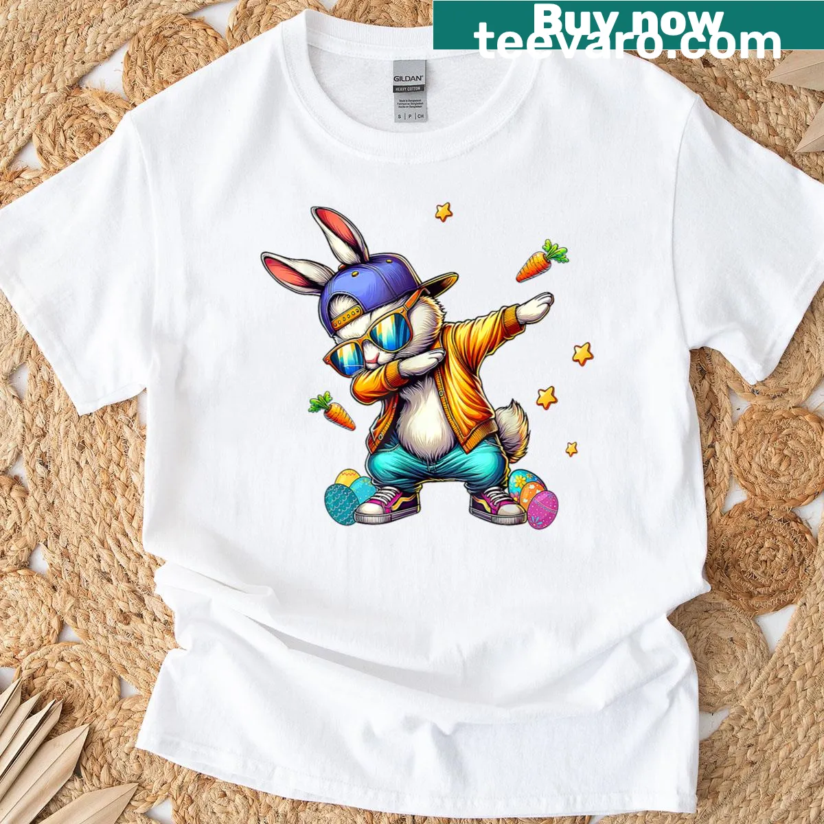 Cartoon bunny performing a dab dance move on an Easter T-shirt — on a men's t-shirt