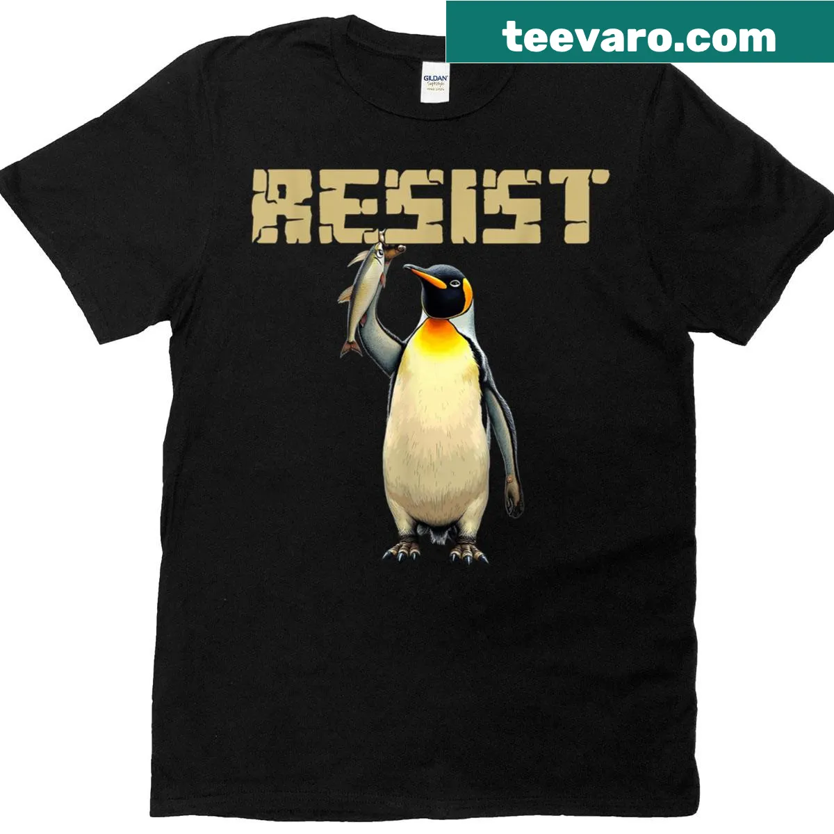 Funny penguin shirt with a cartoon penguin holding a fish. — on a men's t-shirt
