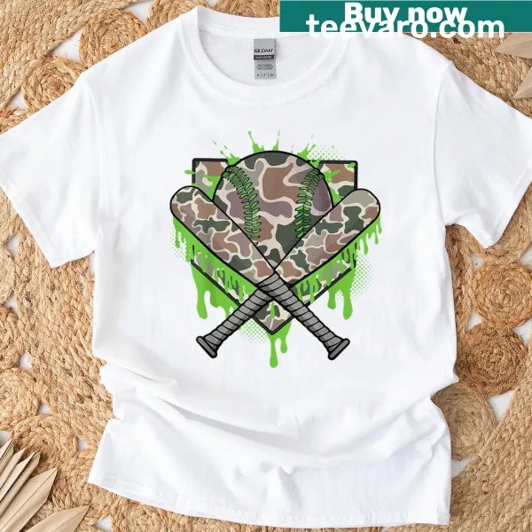 Baseball home plate graphic t-shirt with camo design