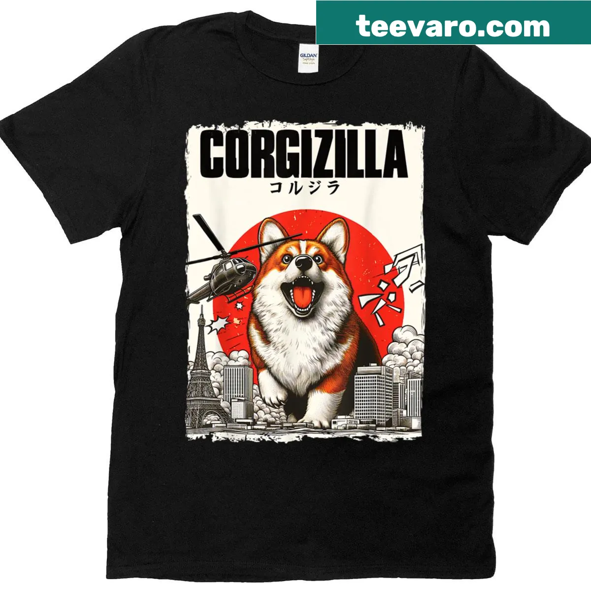 Corgizilla shirt featuring a corgi in a Godzilla parody. — on a men's t-shirt