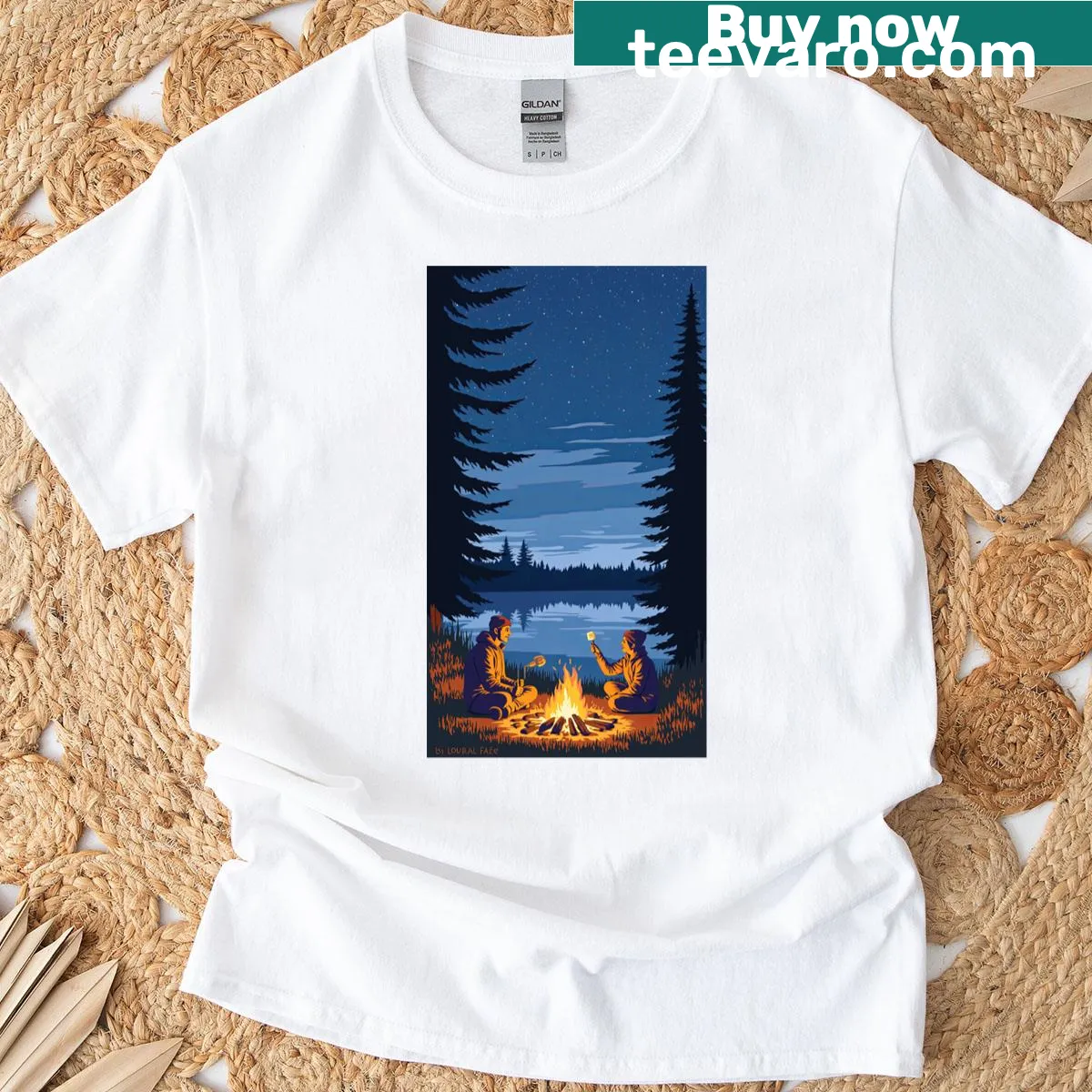 Minimalist design of a couple by a campfire on a vintage T-shirt — on a men's t-shirt