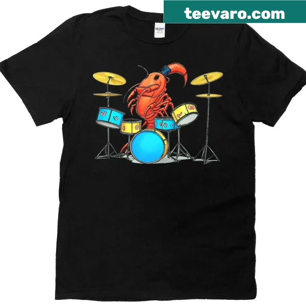 Cartoon crawfish drumming design on a playful T-shirt.