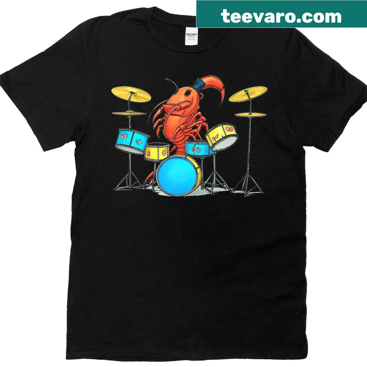 Cartoon crawfish drumming design on a playful T-shirt. — on a men's t-shirt